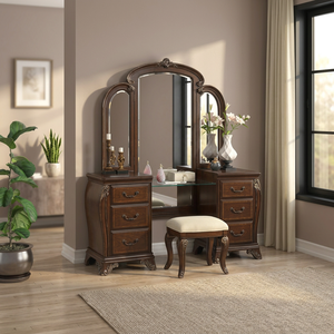 Vietnam Traditional Dark Cherry Bedroom Vanity Set with Standing <b>Mirror</b> Ornate Carvings <b>Panel</b> Design and Upholstered Stool - Product Image 2