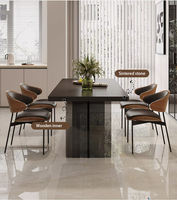Table à manger carrée moderne noire classique avec plateau en pierre frittée et pieds en acrylique, ensemble de salle à manger écologique 6 places