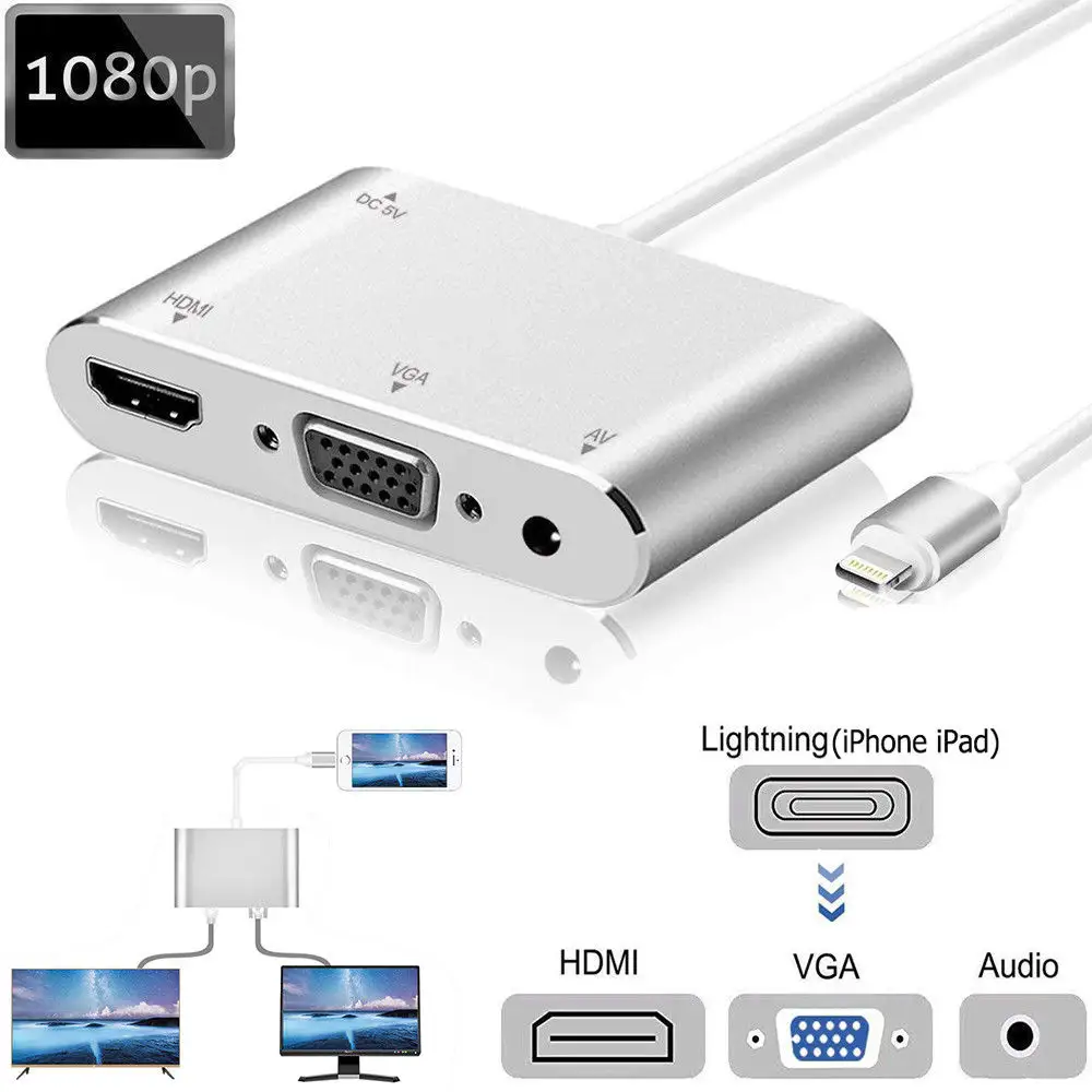 Adaptateur HDMI avec AV, VGA, HDMI, pour iPhone 5 6 7 8 X XS (Max) XR, iPad, iPod, numérique, HDMI, VGA, Audio-vidéo, convertisseur HDTV, 1080P