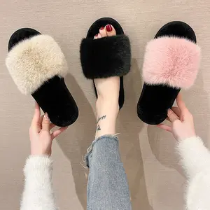 Best selling fashionable house rubber fluffy comfortable slippers for women soft fur indoor couples warm winter