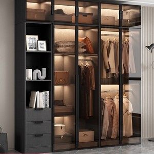 Modern Glass Door <b>Wardrobe</b> Solid Wood Eco Board Hinged Door Bedroom <b>Storage</b> Closet Combination DIY Ready Made <b>Wardrobe</b> - Product Image 1