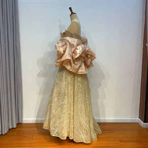 Vestido de Fiesta Formal Elegante Dorado con Lentejuelas para LSMZ04, Estilo Línea A, Cintura Natural, Volantes, Pliegues, Antiestático - Product Image 3