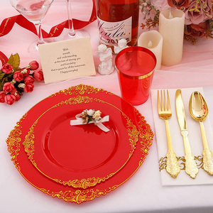 Vaisselle jetable de style occidental européen 7.5 \ "-10.25 \" Assiette à gâteau en relief rouge noir couleurs estampage à chaud plats en plastique maison - Product Image 3