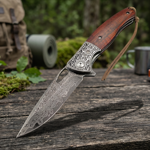 Navaja Plegable de Acero de Damasco con Mango de Madera, Hoja de Punta Caída, Perilla de Pulgar, Navaja de Bolsillo, Herramienta EDC para Camping - Product Image 1