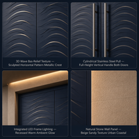 Porte double en alliage d'aluminium postmoderne Coastal Penthouse, bleu marine, avec bas-relief 3D vague et poignées en acier brossé, éclairage LED, pour hôtels et appartements