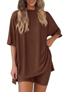 Conjunto de Pijama de Dos Piezas para Mujer, Talla Grande, Informal, Color Sólido, Suave, de Poliéster y Elastano, Estilo Relajado, Transpirable, para Primavera/Verano - Product Image 3