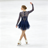 Robe de patinage bleu marine en maille transparente à manches longues avec motif chaîne en strass pour enfants et adultes, idéale pour les compétitions et les spectacles