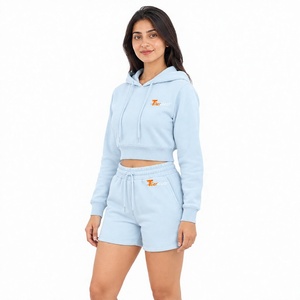 Conjunto de Sudadera con Capucha y Pantalones Cortos Azul Claro para Mujer, 2 Piezas, Traje Deportivo de Felpa con Cordón Ajustable, Transpirable, en Venta - Product Image 1