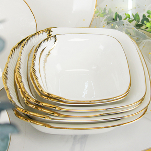 Bộ đồ ăn sứ xương cao cấp màu trắng, thiết kế mới, viền vàng, bán buôn - Product Image 3