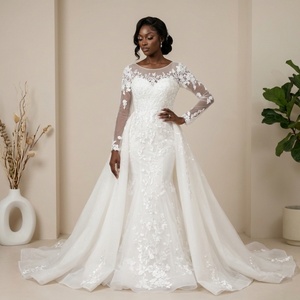 Vestido de Novia Moderno Africano Modesto con Apliques Florales y Manga Larga, Vestido de Novia Línea A para Mujer LSBH22 - Product Image 1