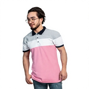 Polo à manches courtes pour homme, color-block, tricoté, décontracté, avec boutons, coupe classique, rose, gris, blanc, bordure marine - Product Image 1