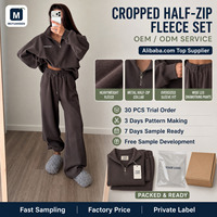 Ensemble décontracté pour femme avec sweat-shirt court en molleton épais à demi-zip et pantalon taille haute à jambes larges, personnalisable avec logo, OEM ODM, vente en gros