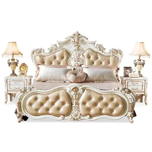 Set Kamar Tidur Hotel Gaya Perancis, Furnitur Desain Klasik California King Size Bed, Tempat Tidur Kulit Lapis Kain Ukiran Kayu Mewah