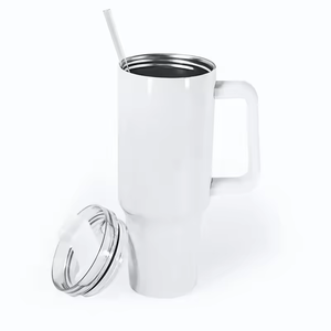 Mug de voyage moderne en acier inoxydable blanc brillant de 40 oz pour sublimation, avec couvercle et paille, idéal pour le camping et les activités de plein air, écologique, avec couvercles colorés. - Product Image 6