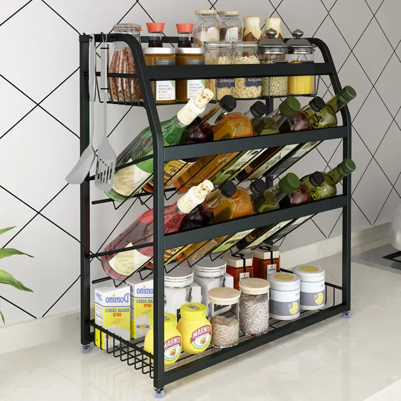 Black Stainless Steel Multifunctional Seasoning Rack Household Kitchen Storage Rack Slanted Bottle Design Nail-Free Organization