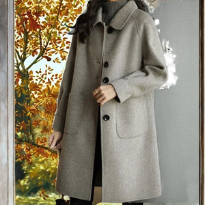 Abrigo de Invierno para Mujer, Nuevo Estilo, Cuello Redondo, Adornado con Cuentas, Estilo Coreano, Corte Entallado, Elegante, Largo, de Poliéster y Lana - Product Image 2