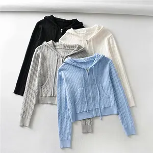 Custom Logo Ladies Cable Knitted Cardigan Long Sleeve Knitwear Sweater Women Hooded Cardigan For Spring Autumn
