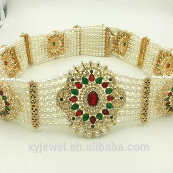 Moroccan style crystal rhinestones pearl belt fashion vintage ladies gold plated belt for wedding