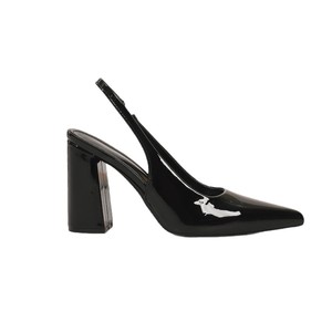 Sandales élégantes à talon bloc brillant pour femme, en cuir verni bordeaux foncé, à bout pointu, avec bride arrière extensible, style escarpins habillés - Product Image 5