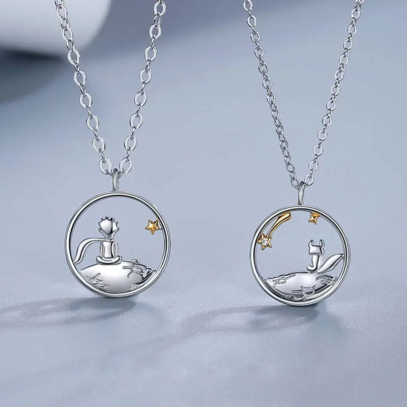 Fashion jewelry two tone stainless steel chain the little prince and fox pendant choker necklace
