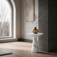 Table basse moderne en marbre artificiel finition mate, base ronde en pierre artificielle, piétement fin, personnalisable OBM