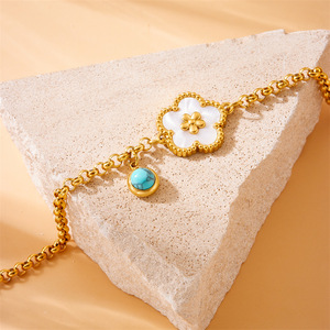 Fashion Charm Bracelet Gold Plated Zinc Alloy Flower Design Blue Turquoise Pendant Women's Jewelry Gift - Product Image 2