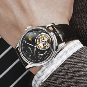 Reloj Mecánico de Hombre Aesop con Movimiento Tourbillon Original, Pantalla de Doble Zona Horaria, Cristal de Zafiro, Correa de Cuero de 22 mm y Esfera de Acero Inoxidable - Product Image 3