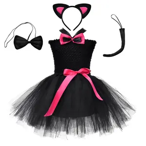 Venta caliente niños Animal Cosplay vestido de cuatro piezas conjunto gato disfraces de Halloween para niñas