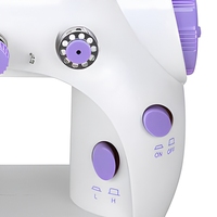 Machine à coudre portable mini blanche et violette, corps compact avec barre à aiguille, pied presseur, broche à bobine, interrupteur à deux positions, table de travail pour