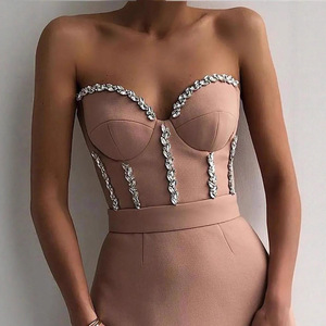 Robe de soirée rose taille haute, col cœur, sequins, moulante, longueur midi pour femme - Product Image 2
