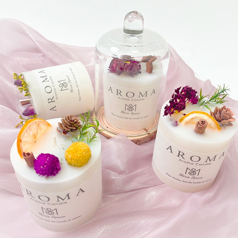 Conjunto de presente de flores secas aromaterapia romântica artesanal personalizável decoração de casamento logotipo perfumado cera soja vela pilar branco