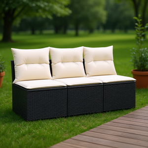 Canapé de jardin en rotin noir trois places, mobilier d'extérieur avec coussins crème, design contemporain imperméable - Product Image 2