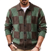 Cardigan à revers à manches longues en 100 % polyester à motif écossais classique, nouvelle collection automne-hiver pour hommes, idéal pour le commerce transfrontalier.