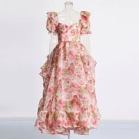 Franse Koninklijke Stijl 2026 Zomer Nieuwe Vierkante Kraag Sling Oversized Rok Aansluitende Fruitprint Damesjurk