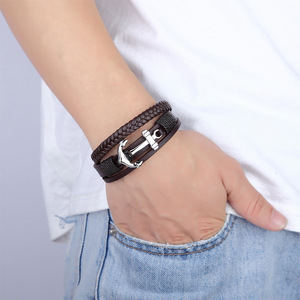 Hiphop Anchor Charm Pulseras trenzadas Cuerda de acero inoxidable Brazalete para hombres Accesorios de muñeca Brazalete de cuero genuino Joyería - Product Image 3
