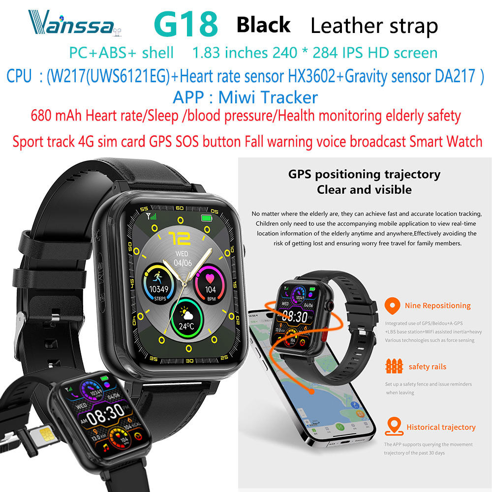 G18-4G-GPS-SOS-health-smart-watch en cuir noir
