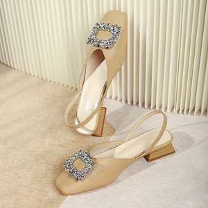 2022 estate moda mezza Slip-On sandali con punta quadrata vera strass tacco spesso aperto sul retro in maglia alta da esterno - Product Image 6