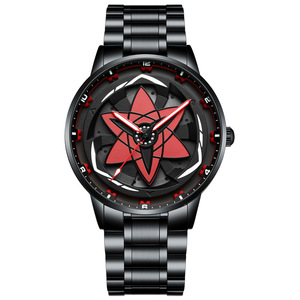 Montre à quartz pour homme en acier inoxydable noir, cadran rotatif Sharingan d'anime, motif étoile rouge, aiguilles lumineuses, montre sport - Product Image 2