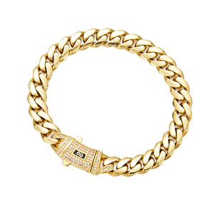 <span class=keywords><strong>Pulsera</strong></span> de Eslabones Cubanos Mónaco de Acero Inoxidable Chapado en <span class=keywords><strong>Oro</strong></span> de <span class=keywords><strong>14K</strong></span> de 6mm-14mm con Cierre de Resorte Iced Out CZ, Joyería Clásica Hip Hop para Unisex - Product Image 4