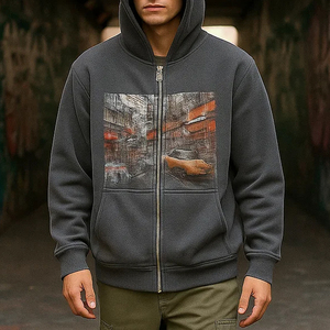 Streetwear vintage en détresse de style OEM pour hommes, sweat à capuche personnalisé avec impression de dragon graphique audacieux surdimensionné et fermeture éclair sur le devant - Product Image 4