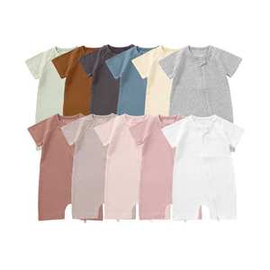 オーガニックコットン半袖リブベビーグローベビースリープスーツジッパーベビーショートロンパース - Product Image 1