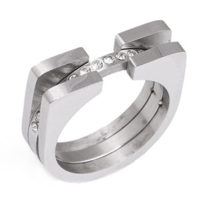 Bague en acier inoxydable 304 double couche en forme de fer à cheval avec diamants, style européen et américain, pour femme - Product Image 5