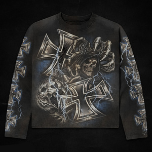 Custom Logo 100% Cotton Thermal Long Sleeve Knitted <strong>Sweatshirt</strong> 300 Grams Heavyweight Distressed Waffle <strong>Crewneck</strong> <strong>Men</strong> - Product Image 6