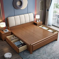 Lit Double en Bois Massif Noyer Doré Moderne 1,8 m avec Rangement Haut de Gamme et Style Chinois Nouveau Lit Queen pour Chambre