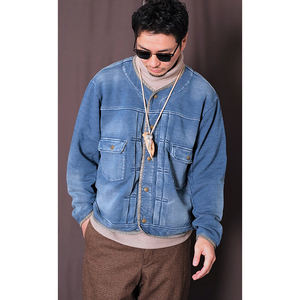 Customized Vintage Japanese Denim Half Top <b>Jeans</b> Jacket for <b>Men</b> Oversized and Price Stretch with Collarless Style - Product Image 1