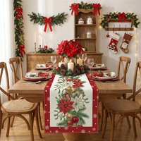 Chemin de table de Noël en polyester, imprimé gnome moderne, motif floral festif, décoration de table de fête