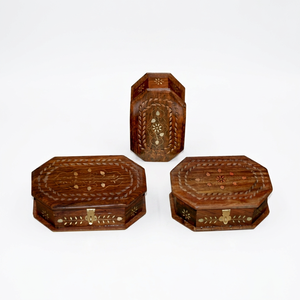 Eco-friendly Octagonal Shape Polished Wooden Trinket Jewelry Storage Lock <b>Box</b> Brass Inlay Design Antique Imitation Style Home - Product Image 1
