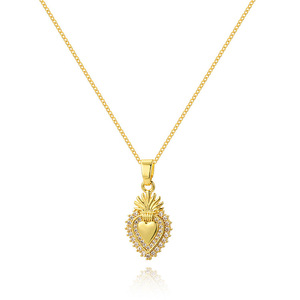NZ1496 Delicado 18K Oro CZ Pave Flaming Sagrado Corazón Joyería religiosa Amor de Dios Collar Sagrado Corazón de Jesús Collar - Product Image 3