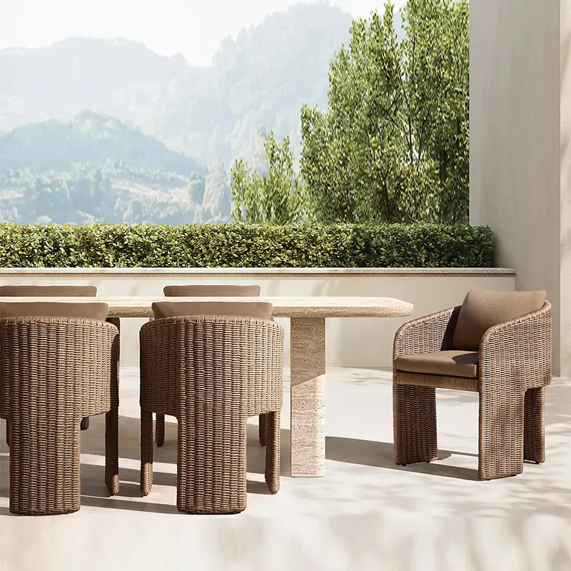 Açık alan yemek seti alüminyum çerçeve bahçe otel veranda sandalyeler ve teakwood masaları rattan yemek masası ve sandalye