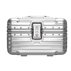 Caixa dura de liga de alumínio prateada para viagem, maleta de transporte de cosméticos de beleza